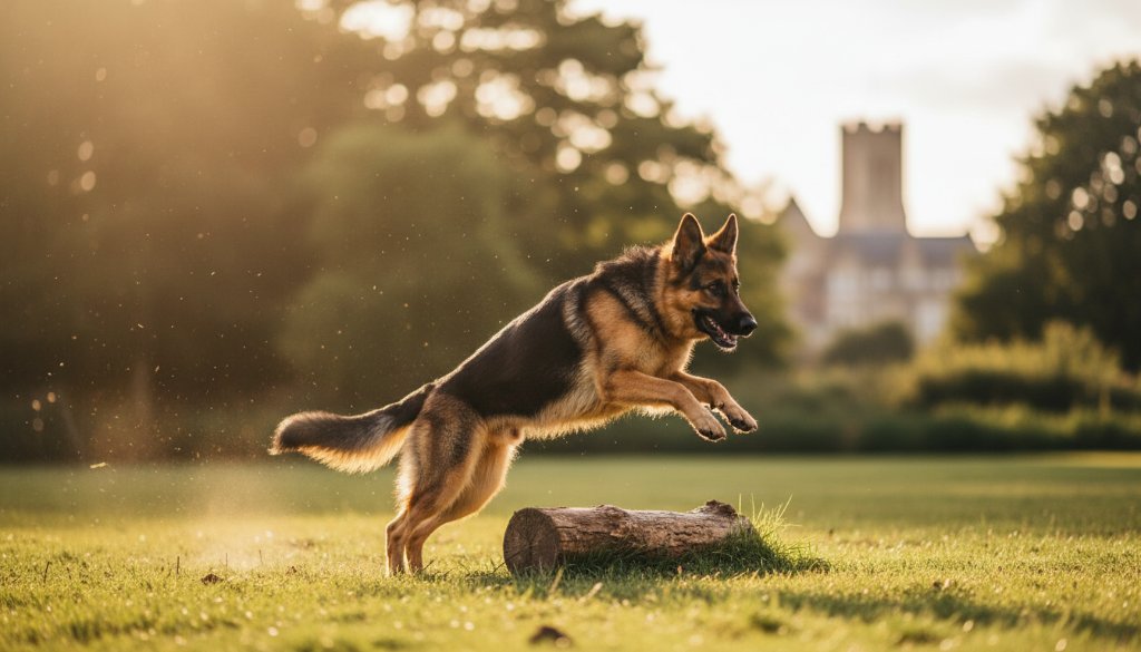 A majestic golden retriever joyfully leaping through long, golden grass in a Maidstone park, illuminated by dramatic golden hour sunlight, capturing an epic moment of candid dog photography Maidstone parks Victoria.