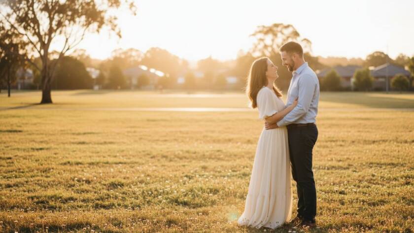 An intimate and candid moment captured in Doveton, Victoria, featuring a couple embracing warmly against a backdrop of lush greenery and soft, golden afternoon light, embodying perfect candid Doveton engagement photos Victoria.