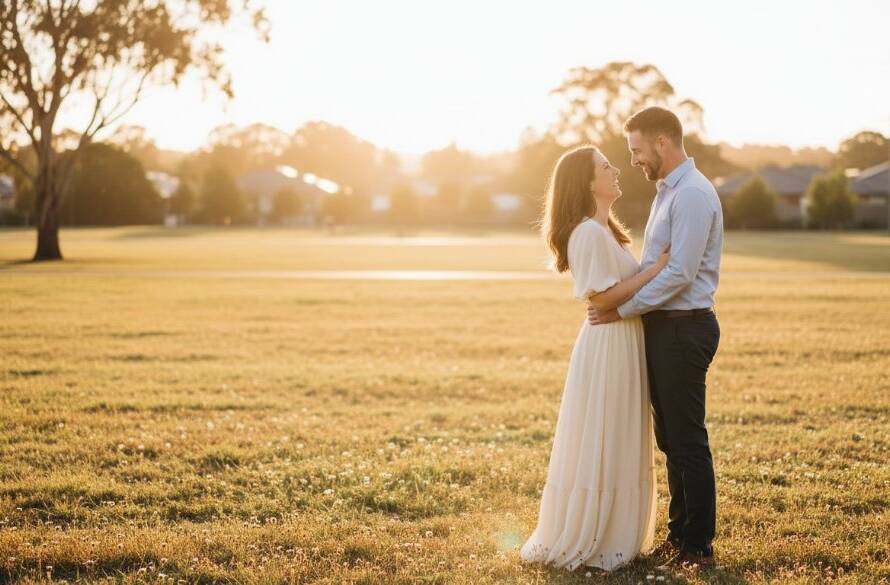 An intimate and candid moment captured in Doveton, Victoria, featuring a couple embracing warmly against a backdrop of lush greenery and soft, golden afternoon light, embodying perfect candid Doveton engagement photos Victoria.