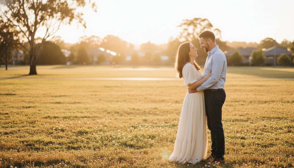 An intimate and candid moment captured in Doveton, Victoria, featuring a couple embracing warmly against a backdrop of lush greenery and soft, golden afternoon light, embodying perfect candid Doveton engagement photos Victoria.