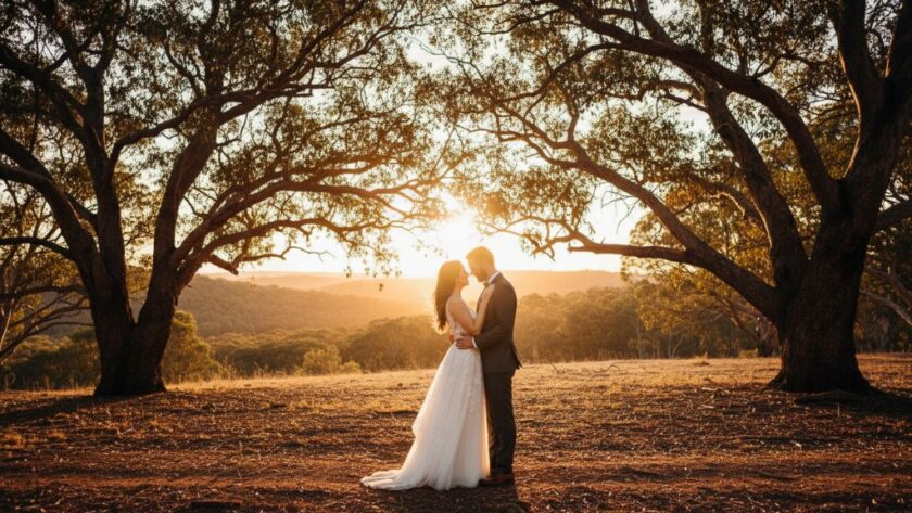 A dramatic wide-angle photograph capturing a newlywed couple's intimate embrace under a canopy of ancient gum trees at sunset, showcasing candid Drouin wedding photography capturing authentic moments, with golden light filtering through the leaves and a soft, ethereal glow surrounding them, reflecting their deep connection.