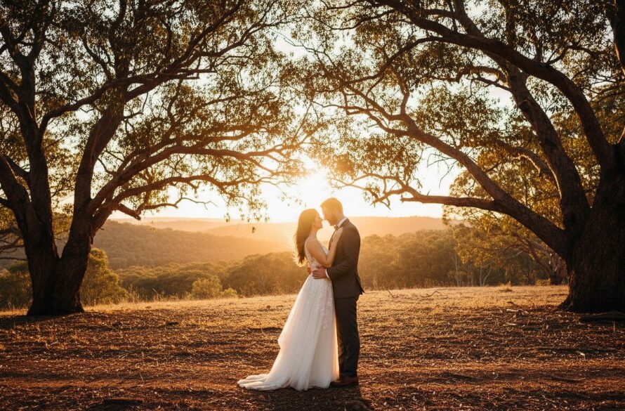 A dramatic wide-angle photograph capturing a newlywed couple's intimate embrace under a canopy of ancient gum trees at sunset, showcasing candid Drouin wedding photography capturing authentic moments, with golden light filtering through the leaves and a soft, ethereal glow surrounding them, reflecting their deep connection.