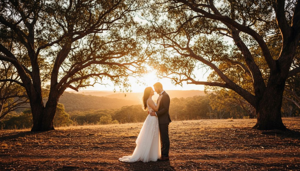 A dramatic wide-angle photograph capturing a newlywed couple's intimate embrace under a canopy of ancient gum trees at sunset, showcasing candid Drouin wedding photography capturing authentic moments, with golden light filtering through the leaves and a soft, ethereal glow surrounding them, reflecting their deep connection.