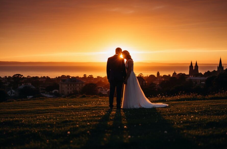 A dramatic wide-angle shot of a newlywed couple sharing a tender, candid Drumcondra wedding photography moment Victoria, silhouetted against a golden sunset over Corio Bay, capturing their love and the stunning local landscape.