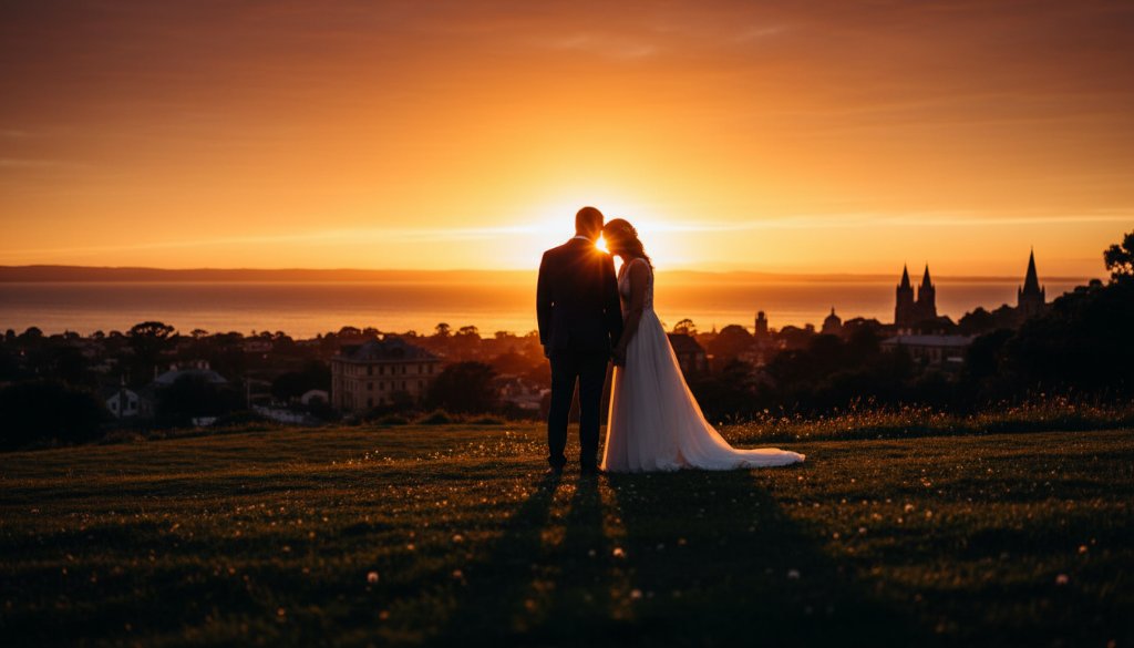 A dramatic wide-angle shot of a newlywed couple sharing a tender, candid Drumcondra wedding photography moment Victoria, silhouetted against a golden sunset over Corio Bay, capturing their love and the stunning local landscape.
