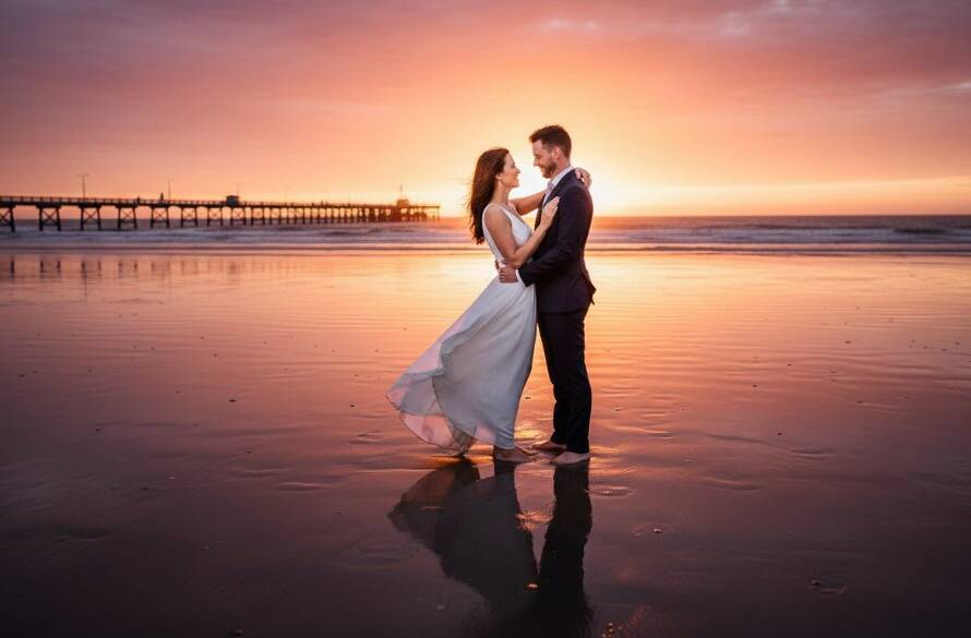 A newlywed couple sharing a joyful, candid moment on Edithvale Beach at sunset, with the iconic pier in the background, beautifully captured for their Edithvale Beachfront wedding photography.