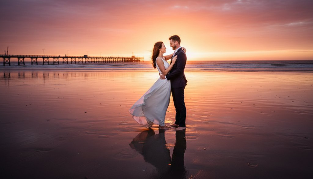 A newlywed couple sharing a joyful, candid moment on Edithvale Beach at sunset, with the iconic pier in the background, beautifully captured for their Edithvale Beachfront wedding photography.