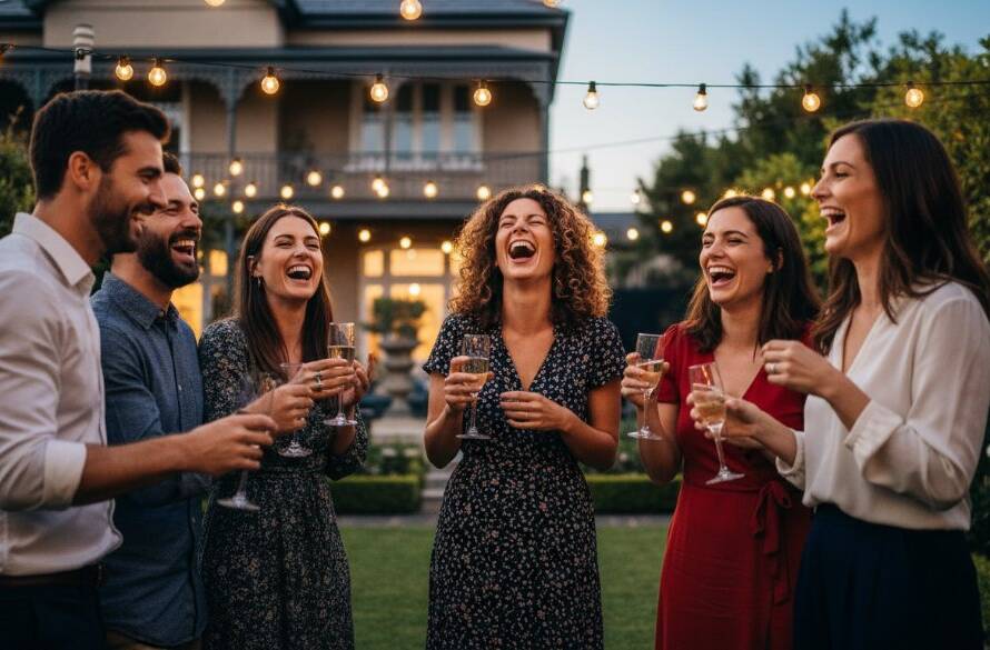 A wide shot capturing a vibrant, candid event photography moment in Brighton East Victoria, featuring guests laughing genuinely under fairy lights at a garden party, with a professional photographer subtly capturing the scene from a distance, showcasing true joy and celebration.