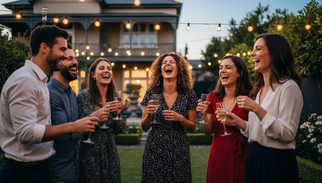 A wide shot capturing a vibrant, candid event photography moment in Brighton East Victoria, featuring guests laughing genuinely under fairy lights at a garden party, with a professional photographer subtly capturing the scene from a distance, showcasing true joy and celebration.