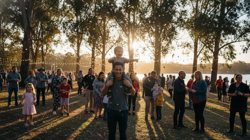 A dramatic wide-angle shot of a joyous celebration under fairy lights at dusk in Canadian, Victoria, with guests laughing and dancing, perfectly showcasing candid event photography Canadian Victoria capturing genuine joy by Image by SD.