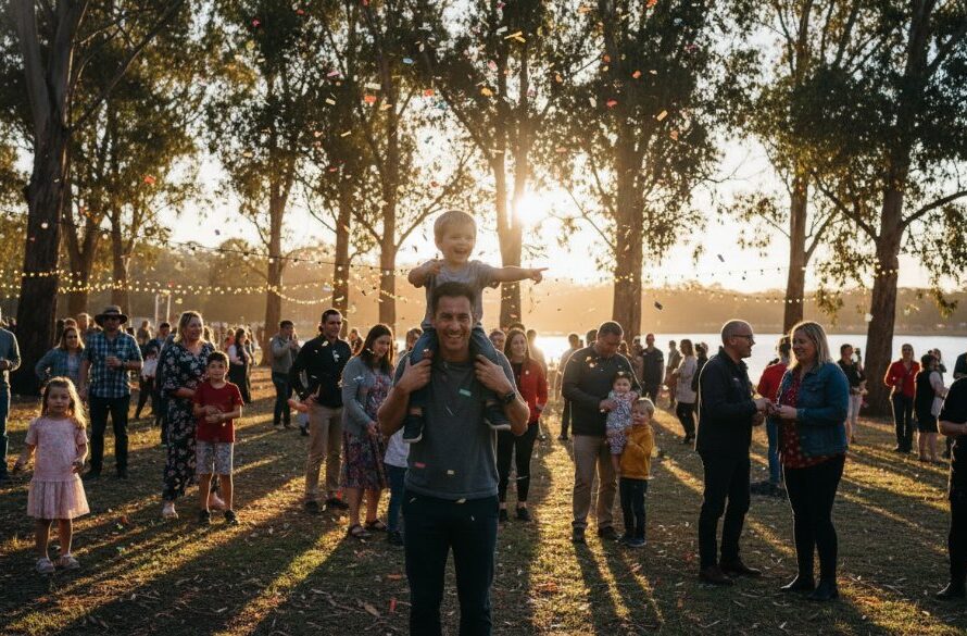 A dramatic wide-angle shot of a joyous celebration under fairy lights at dusk in Canadian, Victoria, with guests laughing and dancing, perfectly showcasing candid event photography Canadian Victoria capturing genuine joy by Image by SD.