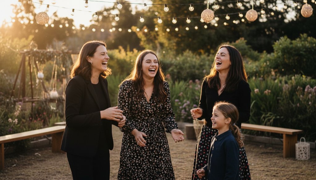 An emotionally charged 'epic moment' photograph capturing genuine joy at an outdoor celebration in Croydon, Victoria, featuring guests laughing candidly under string lights, professionally composed to highlight the authentic connections through expert candid event photography Croydon Victoria.
