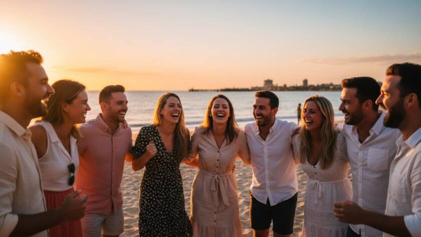 An emotional candid event photography Edithvale beach Victoria moment, showcasing a couple laughing joyously during a sunset beach wedding reception, captured with professional lighting and vibrant colours, reflecting genuine happiness.