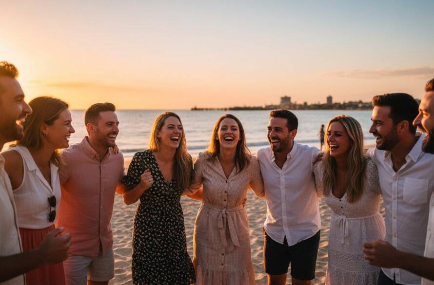 An emotional candid event photography Edithvale beach Victoria moment, showcasing a couple laughing joyously during a sunset beach wedding reception, captured with professional lighting and vibrant colours, reflecting genuine happiness.