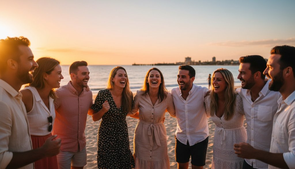 An emotional candid event photography Edithvale beach Victoria moment, showcasing a couple laughing joyously during a sunset beach wedding reception, captured with professional lighting and vibrant colours, reflecting genuine happiness.