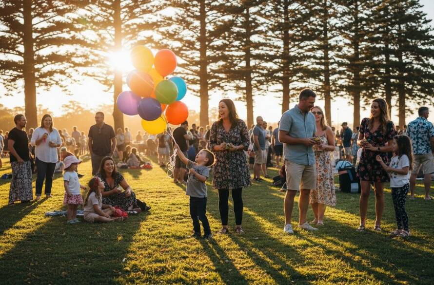 A vibrant, candid moment of joyful celebration captured by professional candid event photography Hampton East Victoria, featuring guests laughing at a sunlit outdoor gathering near the beach, with dramatic golden hour light.