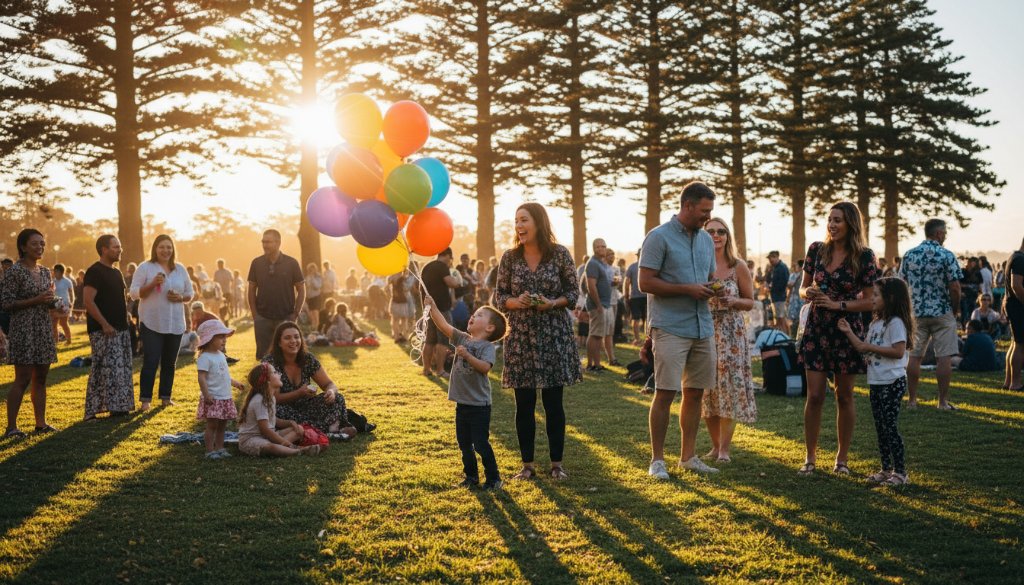 A vibrant, candid moment of joyful celebration captured by professional candid event photography Hampton East Victoria, featuring guests laughing at a sunlit outdoor gathering near the beach, with dramatic golden hour light.