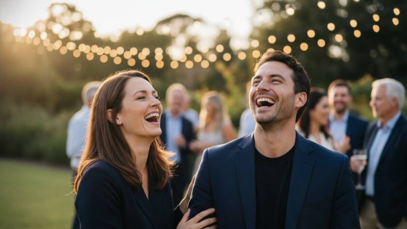 A professional photograph showcasing candid event photography Ormond, with guests laughing heartily at a beautifully decorated outdoor celebration in a sun-dappled Ormond garden, capturing a genuine, joyous interaction with dramatic golden hour lighting and bokeh.