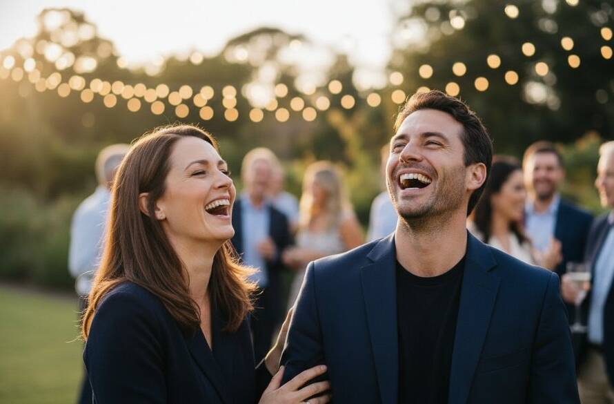 A professional photograph showcasing candid event photography Ormond, with guests laughing heartily at a beautifully decorated outdoor celebration in a sun-dappled Ormond garden, capturing a genuine, joyous interaction with dramatic golden hour lighting and bokeh.