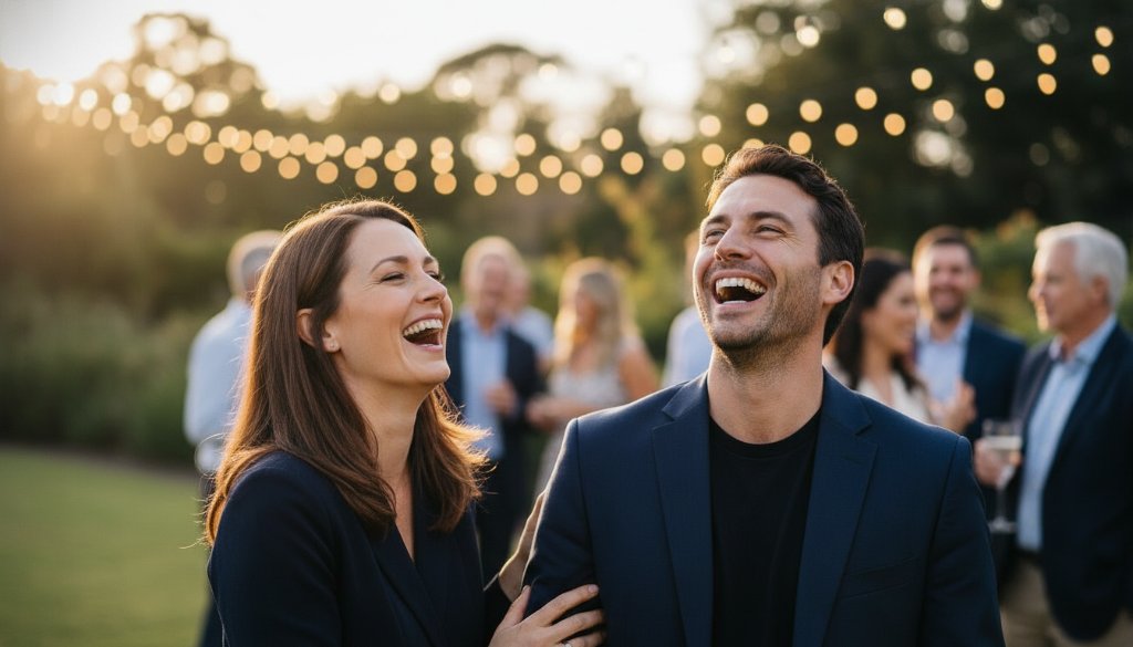 A professional photograph showcasing candid event photography Ormond, with guests laughing heartily at a beautifully decorated outdoor celebration in a sun-dappled Ormond garden, capturing a genuine, joyous interaction with dramatic golden hour lighting and bokeh.