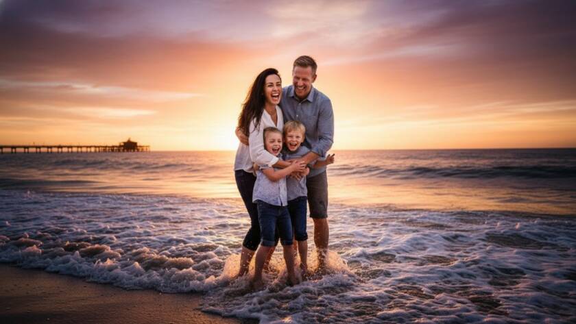 An energetic father playfully lifts his child into the air on Frankston Beach during sunset, capturing genuine Candid Family Moments Frankston Beach Photography joy with dynamic golden hour lighting and waves crashing gently in the background.