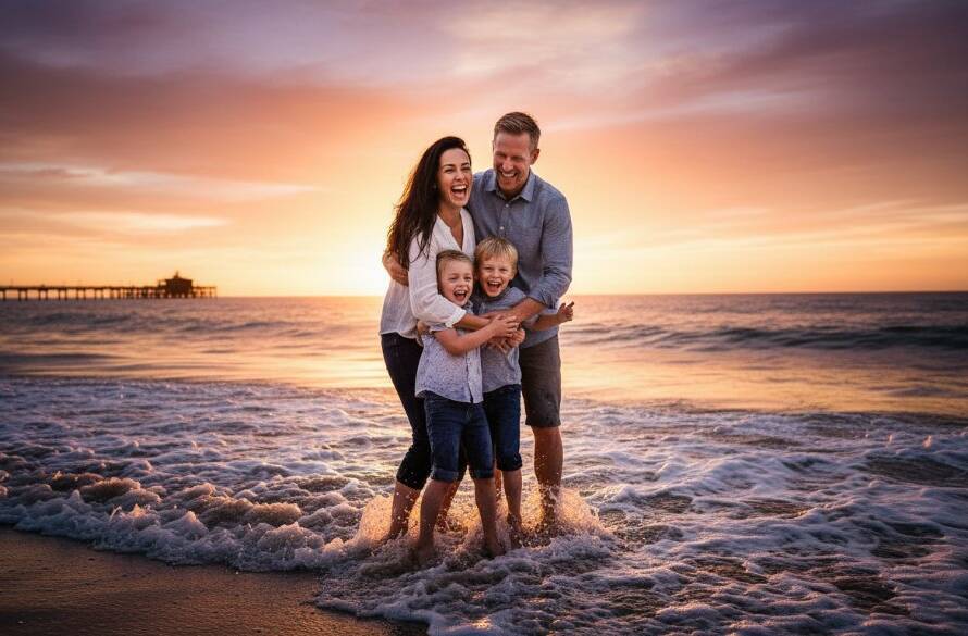 An energetic father playfully lifts his child into the air on Frankston Beach during sunset, capturing genuine Candid Family Moments Frankston Beach Photography joy with dynamic golden hour lighting and waves crashing gently in the background.