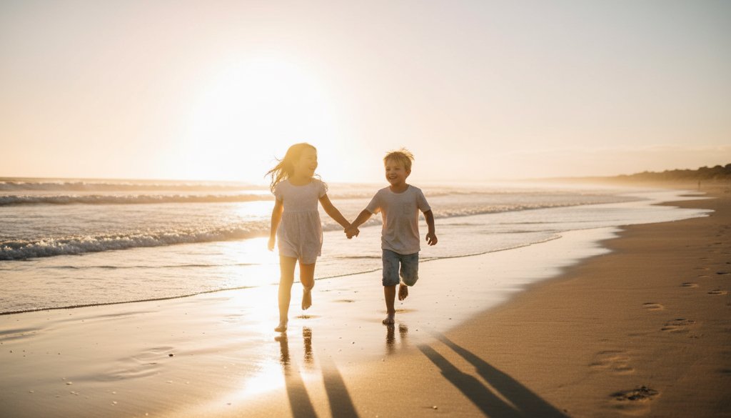 An epic moment of pure joy captured during a candid family moments Wonthaggi kids photography session, featuring two children laughing as they chase waves on the sun-drenched Wonthaggi beach at sunset, with dramatic golden light, professionally colour-graded.