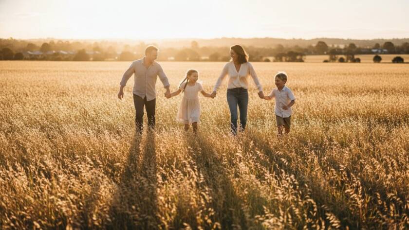 A candid family moment captured by a Wyndham Vale photographer: a father lifting his child in joyful laughter against the golden hour light over the Werribee River, conveying pure, spontaneous emotion.