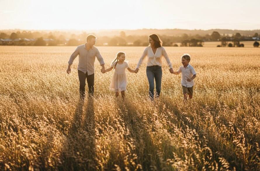 A candid family moment captured by a Wyndham Vale photographer: a father lifting his child in joyful laughter against the golden hour light over the Werribee River, conveying pure, spontaneous emotion.