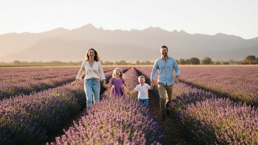 A candid family photo session in Ararat, Victoria, capturing a picturesque moment of a family laughing and running through a sun-drenched vineyard at golden hour, with the Grampians in the background, creating a cinematic, professional photograph.