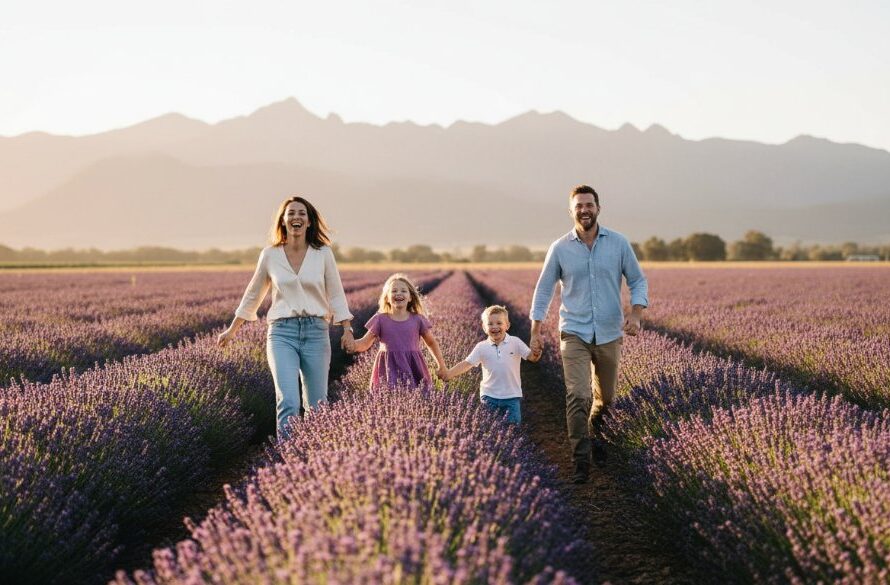 A candid family photo session in Ararat, Victoria, capturing a picturesque moment of a family laughing and running through a sun-drenched vineyard at golden hour, with the Grampians in the background, creating a cinematic, professional photograph.