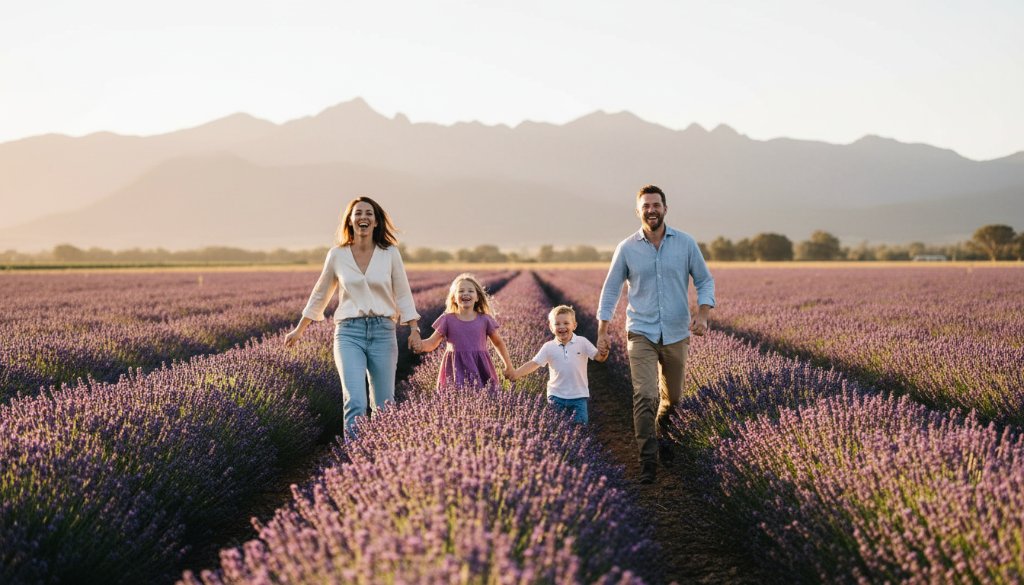 A candid family photo session in Ararat, Victoria, capturing a picturesque moment of a family laughing and running through a sun-drenched vineyard at golden hour, with the Grampians in the background, creating a cinematic, professional photograph.