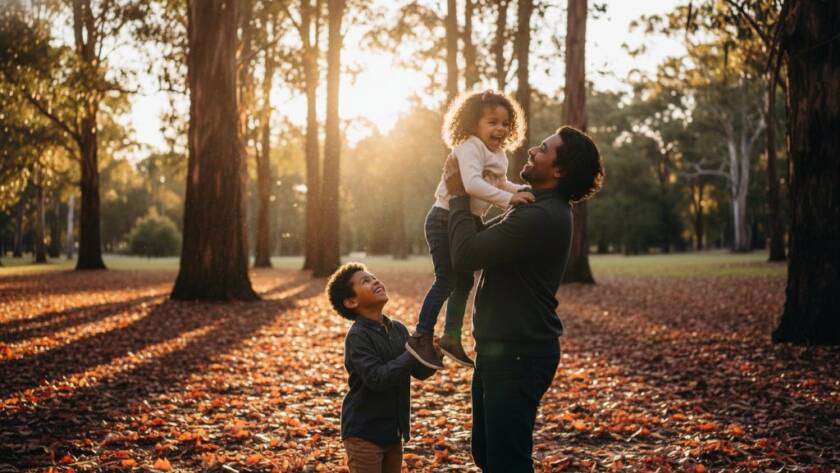 Candid Family Photo Shoots Nunawading Victoria: A joyful family of four, parents laughing as their two young children run through golden afternoon sunlight in a Nunawading park, leaves scattering, captured in a warm, professionally colour-graded cinematic style.