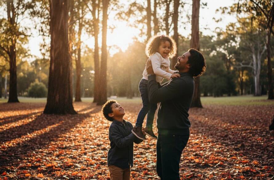 Candid Family Photo Shoots Nunawading Victoria: A joyful family of four, parents laughing as their two young children run through golden afternoon sunlight in a Nunawading park, leaves scattering, captured in a warm, professionally colour-graded cinematic style.