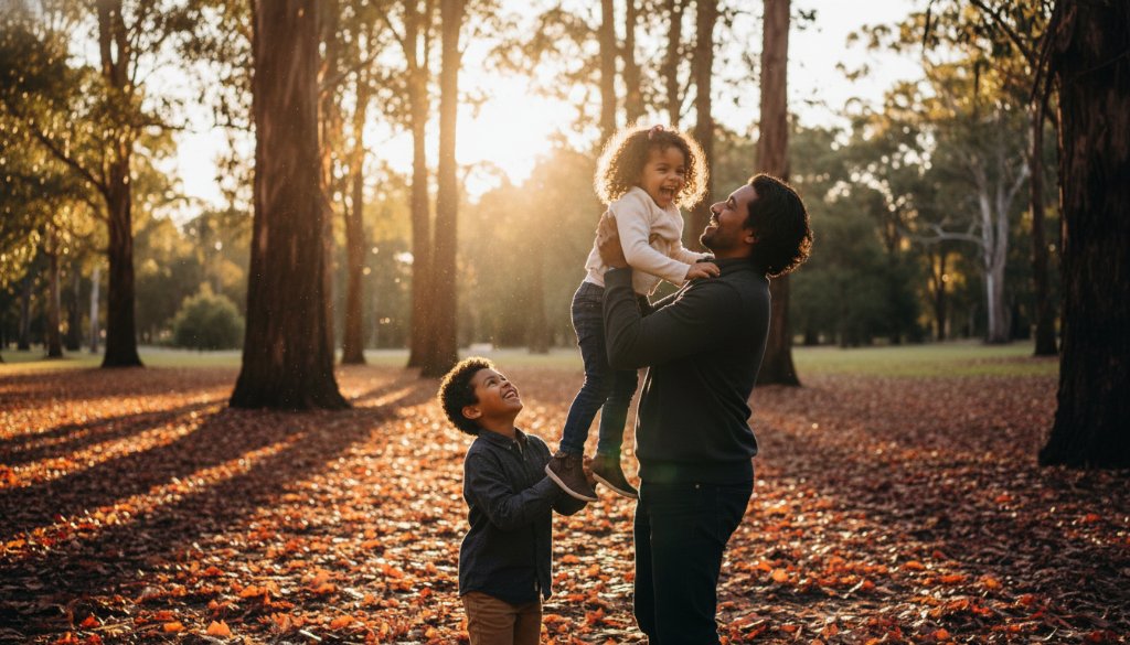 Candid Family Photo Shoots Nunawading Victoria: A joyful family of four, parents laughing as their two young children run through golden afternoon sunlight in a Nunawading park, leaves scattering, captured in a warm, professionally colour-graded cinematic style.