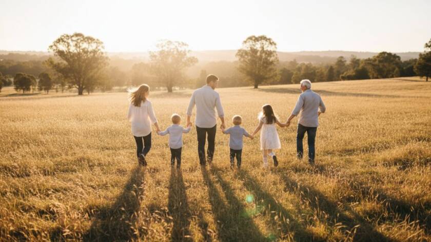 An epic moment of a family laughing joyfully together amidst the golden afternoon light at Westerfolds Park, showcasing heartfelt candid family photo shoots in Templestowe, Victoria, Australia.