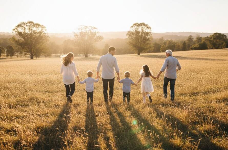 An epic moment of a family laughing joyfully together amidst the golden afternoon light at Westerfolds Park, showcasing heartfelt candid family photo shoots in Templestowe, Victoria, Australia.