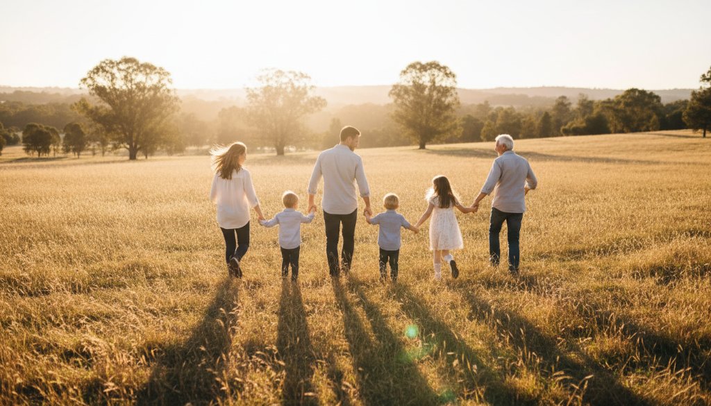 An epic moment of a family laughing joyfully together amidst the golden afternoon light at Westerfolds Park, showcasing heartfelt candid family photo shoots in Templestowe, Victoria, Australia.