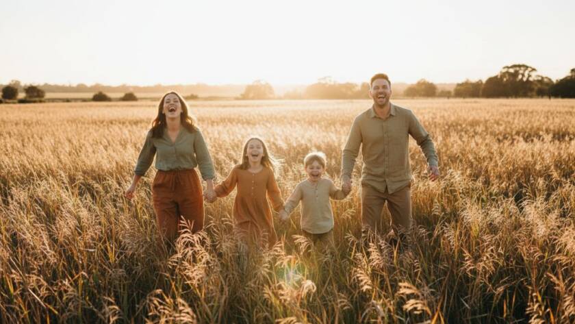 A heartwarming and epic moment of a family laughing joyfully during a candid family photography Altona Meadows session, with the golden afternoon sun backlighting them near a scenic parkland setting.