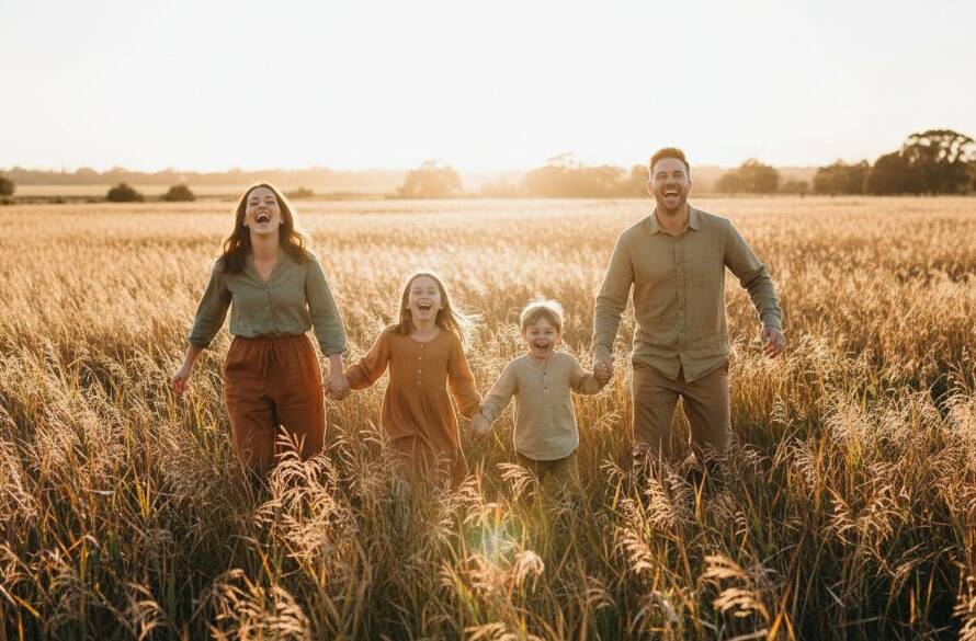 A heartwarming and epic moment of a family laughing joyfully during a candid family photography Altona Meadows session, with the golden afternoon sun backlighting them near a scenic parkland setting.