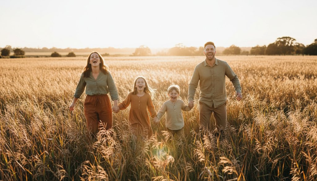 A heartwarming and epic moment of a family laughing joyfully during a candid family photography Altona Meadows session, with the golden afternoon sun backlighting them near a scenic parkland setting.