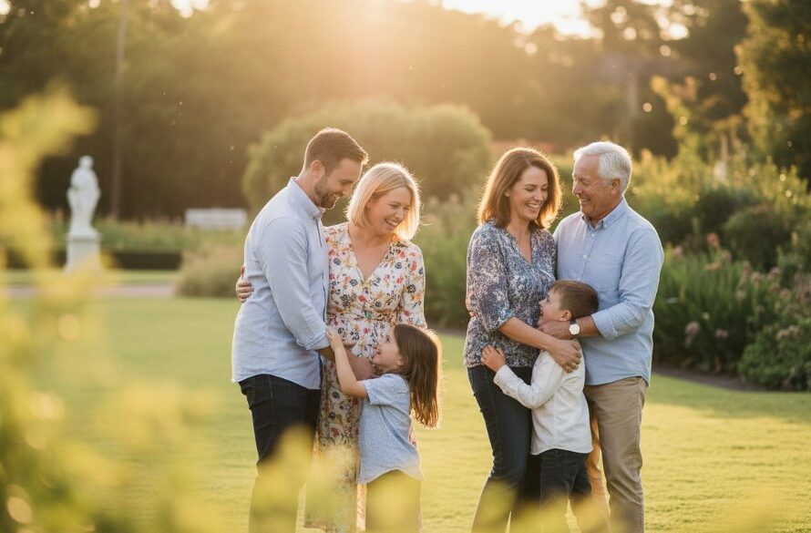 A joyous family of four sharing a genuine, unposed laugh while strolling through the sun-dappled botanical gardens in Ballarat Central, captured with soft, golden hour light, reflecting the natural beauty of Candid Family Photography Ballarat Central Gardens.