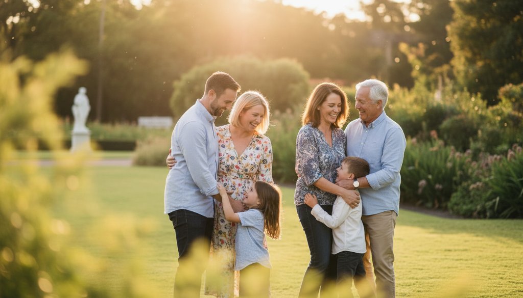 A joyous family of four sharing a genuine, unposed laugh while strolling through the sun-dappled botanical gardens in Ballarat Central, captured with soft, golden hour light, reflecting the natural beauty of Candid Family Photography Ballarat Central Gardens.