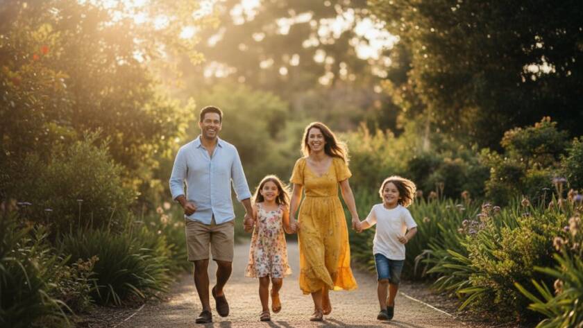 An authentic, candid family photography Balwyn lifestyle moment, featuring a family laughing and embracing under the golden hour light in a Balwyn park, with lush greenery in the background, captured in a professional, cinematic style.