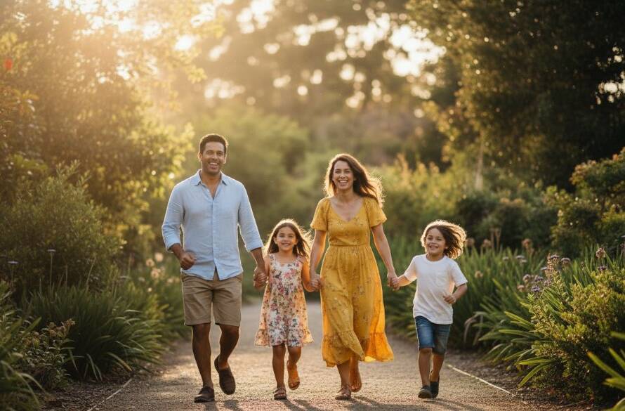 An authentic, candid family photography Balwyn lifestyle moment, featuring a family laughing and embracing under the golden hour light in a Balwyn park, with lush greenery in the background, captured in a professional, cinematic style.