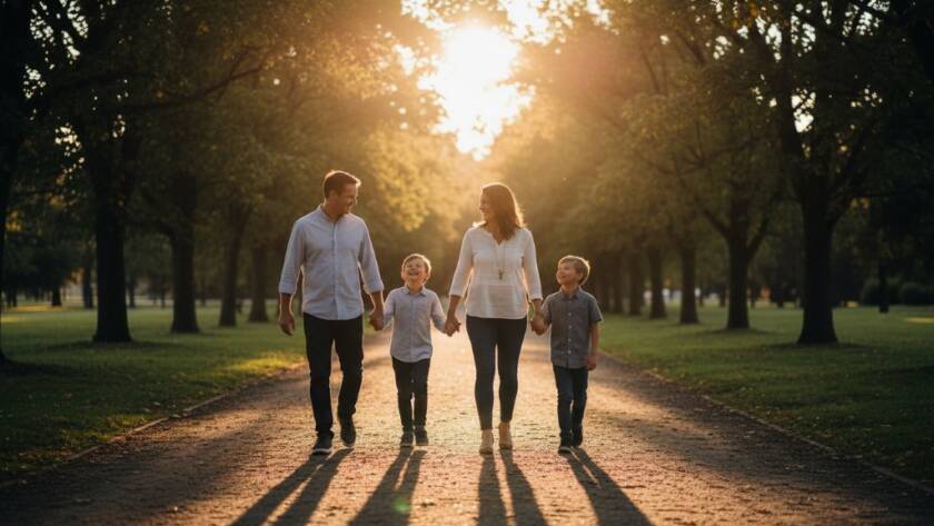 A candid family photography Bayswater VIC capturing genuine moments of a family laughing joyfully during golden hour in a sun-dappled park, with children running towards their parents, professionally lit and colour-graded.