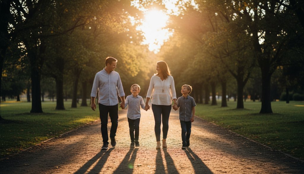 A candid family photography Bayswater VIC capturing genuine moments of a family laughing joyfully during golden hour in a sun-dappled park, with children running towards their parents, professionally lit and colour-graded.