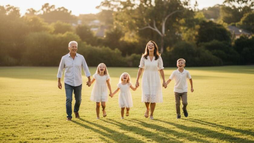 A vibrant, emotionally charged candid family photography Bentleigh East natural light portrait, featuring a young family laughing joyfully under dappled sunlight in a lush Bentleigh East park, capturing their genuine connection with warm, professional lighting.