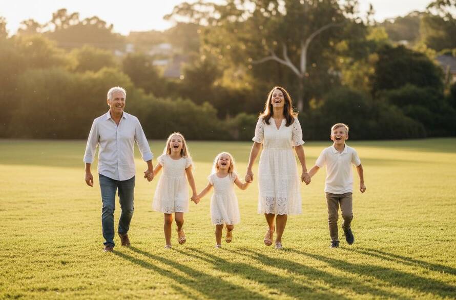 A vibrant, emotionally charged candid family photography Bentleigh East natural light portrait, featuring a young family laughing joyfully under dappled sunlight in a lush Bentleigh East park, capturing their genuine connection with warm, professional lighting.