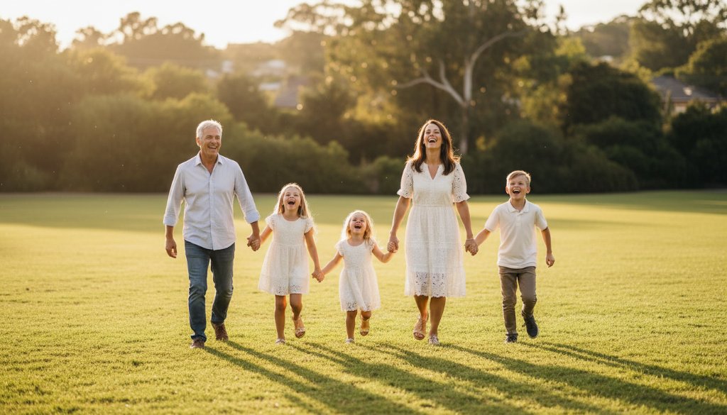 A vibrant, emotionally charged candid family photography Bentleigh East natural light portrait, featuring a young family laughing joyfully under dappled sunlight in a lush Bentleigh East park, capturing their genuine connection with warm, professional lighting.
